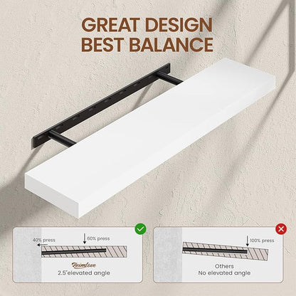 Heimlove 36 Inch Floating Shelves for Wall White Shelves Set of 2,Wall Mounted Rustic Wood 8 Inch Deep Floating Shelf with Invisible Brackets for Bedroom Kitchen Living Room