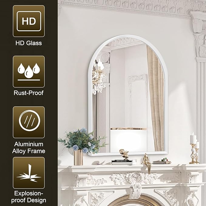 Arch Bathroom Mirror, Wall Mounted Mirrors, White Vanity Wall Mirror Metal Frame Home Decor for Bedroom, Entryway, Living Room 26