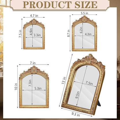 Thyle 4 Pcs Vintage Gold Antique Mirror Set Arch Retro Resin Baroque Decorative Makeup Mirror Square Hanging Wall Desk Tabletop Room Bedroom Bathroom Gallery (13x9 10x7 8x5 7x4)(Light Color)