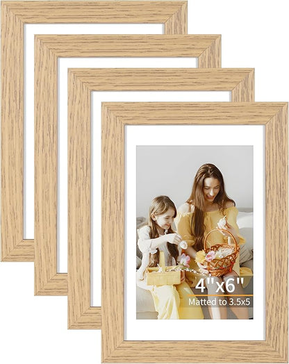 4x6 Picture Frame Set of 4, Displays 3.5x5 with Mat or 4x6 Without Mat, Photo Frames for Wall Hanging or Tabletop, Includes HD Plexiglass, Light Wood Grain