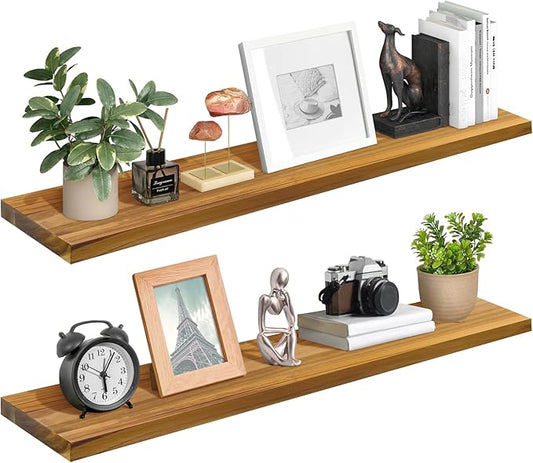 Teak Wood Floating Shelves Perfect for Bathroom Décor Pack of 2 Wooden Wall Shelves for Bedroom Living Room Kitchen Simple Minimalist Home Décor 36” x 6.7”