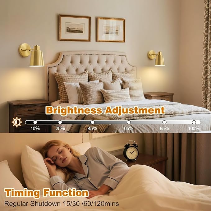 Gold Battery Operated Wall Sconces Set of Two with Remote, Rechargeable Battery Powered Wall Lights, 3 Color Temperature, Dimmable, Modern Wireless Wall Lamps for Bedroom Living Room Hallway