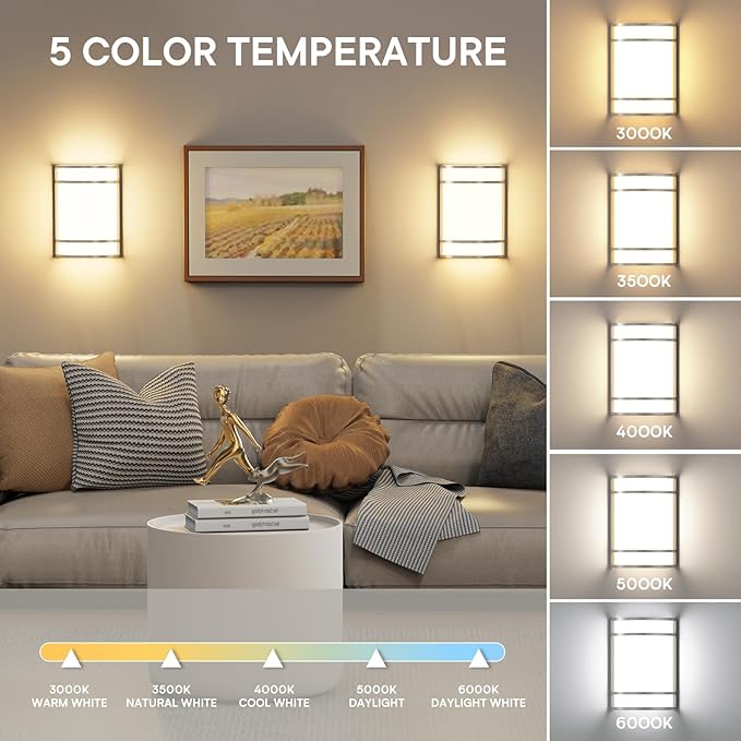LED Indoor Wall Mount Light Fixture, Brushed Nickel Wall Sconce Lighting, 3000K 4000K 5000K Adjustable, Half Cylinder Hallway Light Fixture for Living Room Bedroom Porch 2 Pack