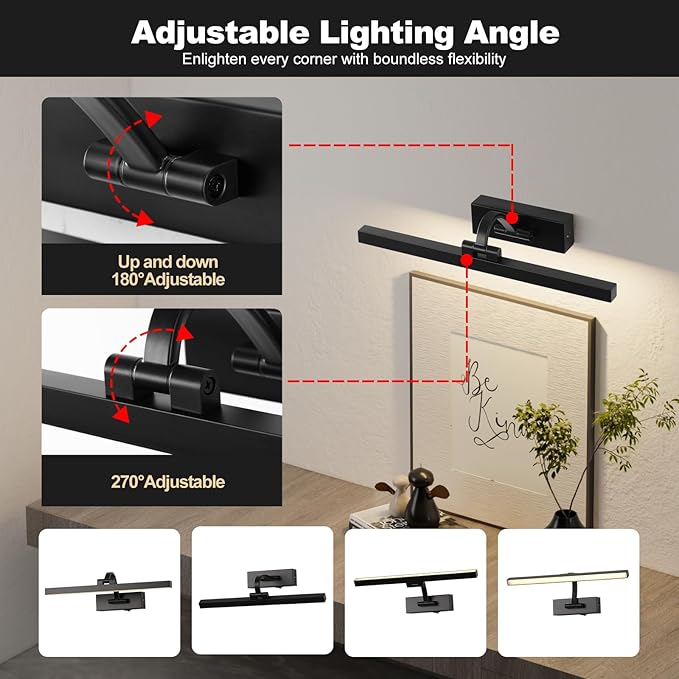 LED Wireless Picture Light with Remote Control,USB Rechargeable Battery Powered Art Lamps,Dimmable,270° Rotate,Timing,15.5 Inch Black Wall Lights for Paintings,Picture Frame,Gallery