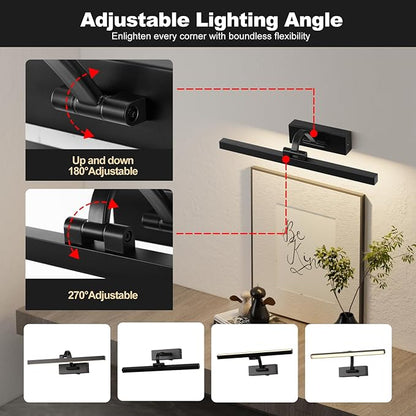 LED Wireless Picture Light with Remote Control,USB Rechargeable Battery Powered Art Lamps,Dimmable,270° Rotate,Timing,15.5 Inch Black Wall Lights for Paintings,Picture Frame,Gallery