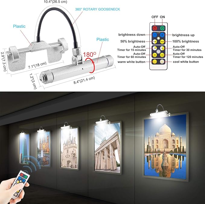 BIGMONAT USB Rechargeable Picture Light Wireless Led Art Light with Remote Control,Rotatable Painting Light Head of 3 Lighting Modes Dimmable Display Lamp for Frame Portrait Artwork Trophy