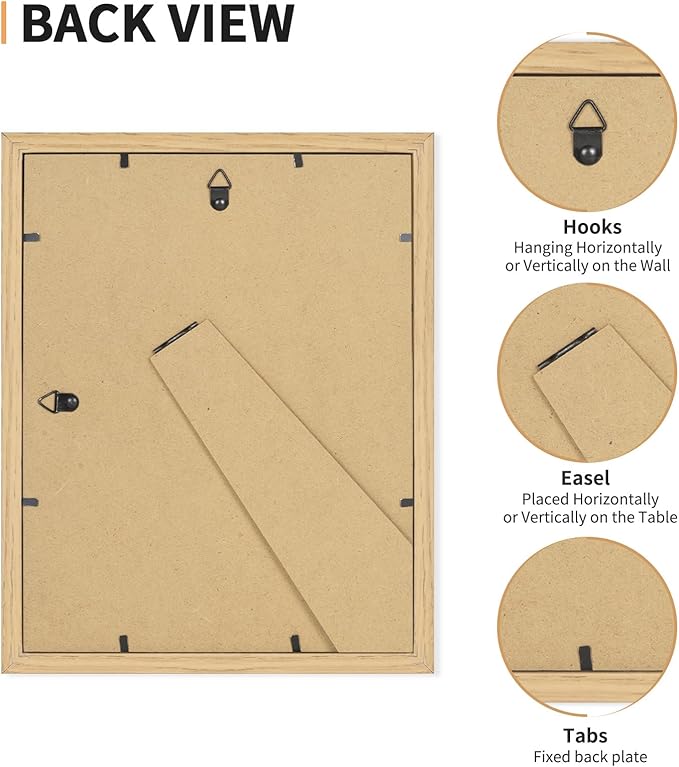 ATOBART 8x10 Picture Frame Set of 4, Displays 5x7 with Mat or 8x10 Without Mat, Photo Frames for Wall Hanging or Tabletop, Includes HD Plexiglass, Natural Wood Grain