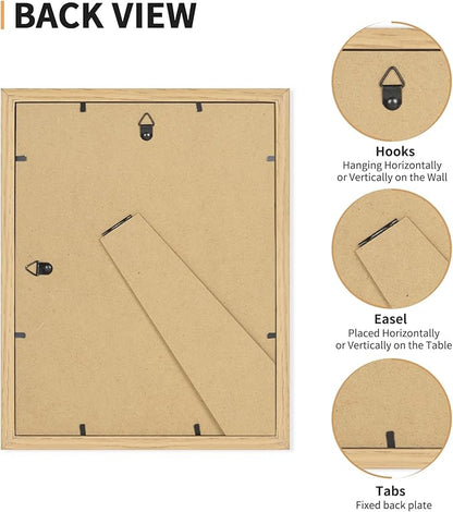 ATOBART 8x10 Picture Frame Set of 4, Displays 5x7 with Mat or 8x10 Without Mat, Photo Frames for Wall Hanging or Tabletop, Includes HD Plexiglass, Natural Wood Grain