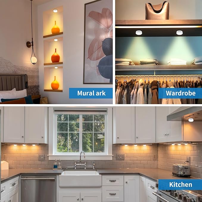 LEASTYLE Puck Lights with Remote,Battery Operated Under Cabinet Lighting with Dimmable Timer, 3000K Stick-On Closet Light Under Counter Lights for Kitchen(White,3 Pack)