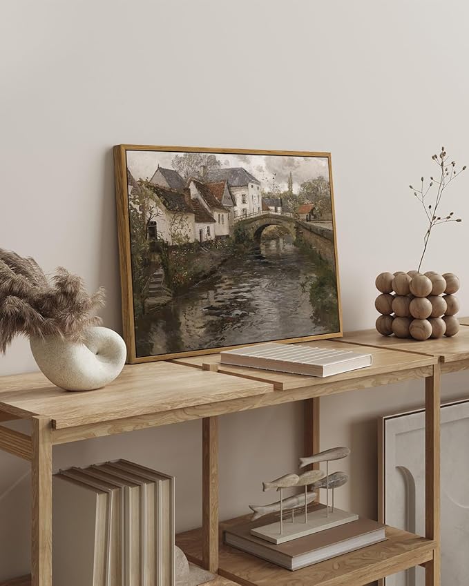 InSimSea Framed Canvas Wall Art Vintage Decor, Landscape Wall Art, Riverside Small Town Large Canvas Prints Home Decor, Rustic Farmhouse Wall Decor for Bedroom Living Room, 16