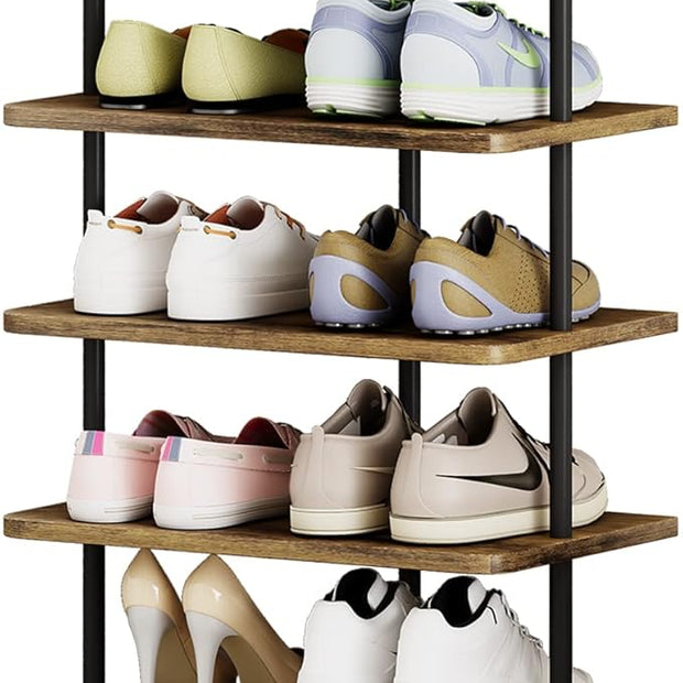 AZERPIAN Shoe Rack 7 Tier Vertical Storage Organizer Double Row Narrow Metal Slim Shelf Modern Free Standing Shoe Tower Saving Space for Closet Entryway Bedroom,Black+Rustic Brown
