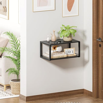 Floating Nightstand Set of 2, Wood Bedside Shelf Wall Mounted Nightstand with Heavy-Duty Frame, Floating Bedside Table for Bedroom, Living Room, Bathroom, Kitchen, (Vintage Black, 2 Pack)