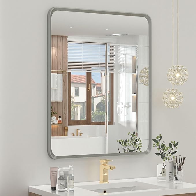 OKPAL 20 x 24 Inch Brushed Nickel Bathroom Mirrors, Rounded Rectangle Silver Bathroom Vanity Mirror, Beveled Framed Mirror for Wall, HD Glass, Anti-Rust Aluminum Alloy Mirror