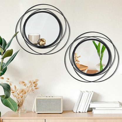 Cityelf 2 Set 13.3'' Black Circle Mirrors Wall Decor Iron Frame Wall Art Round Mirror Home Decor Hanging for Living Room/Bedroom/Bathroom/Entryway (Medium Size 13.3 inch,Circles)