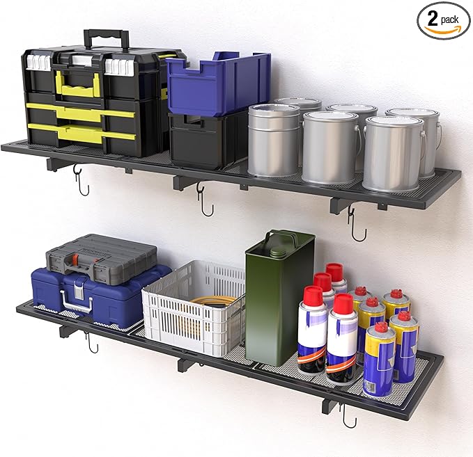 2 Pack Garage Wall Shelving, 46'' x 12.6'' Garage Shelf Wall Mounted, Heavy Duty Storage Shelves 360 LBS Capacity, Floating Storage Rack with 8 Hooks, Metal Shelf Organizer for Basement, Workshop