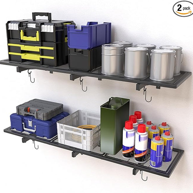 2 Pack Garage Wall Shelving, 46'' x 12.6'' Garage Shelf Wall Mounted, Heavy Duty Storage Shelves 360 LBS Capacity, Floating Storage Rack with 8 Hooks, Metal Shelf Organizer for Basement, Workshop