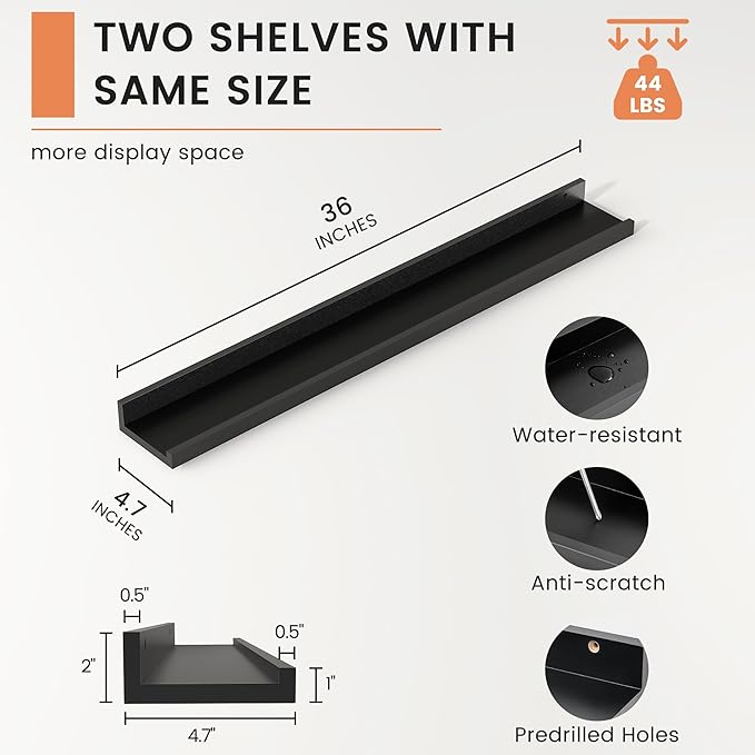 Picture Ledge Shelf, Floating Shelves Set of 2, 36 Inches Nursery Book Shelves for Toys Storage, Kids Bookshelf Wall Mounted for Living Room Bedroom Decor Books Photo Frames, Black