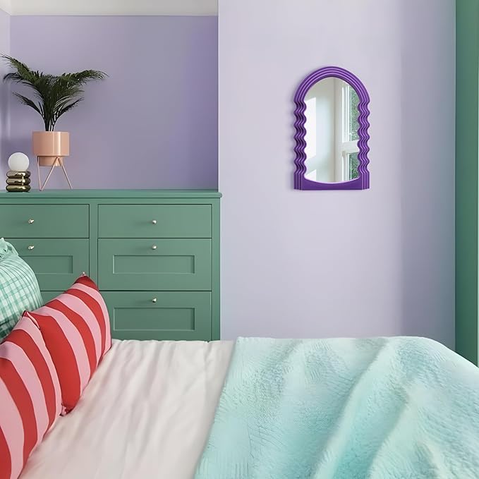 Wavy Mirror Wall Decor for Girly Nursery Bedroom, Small Decorative Irregular Mirrors for Modern Vintage Home Office Living Room Housewarming Birthday Gift, Unique Hanging Art Accent (Purple)