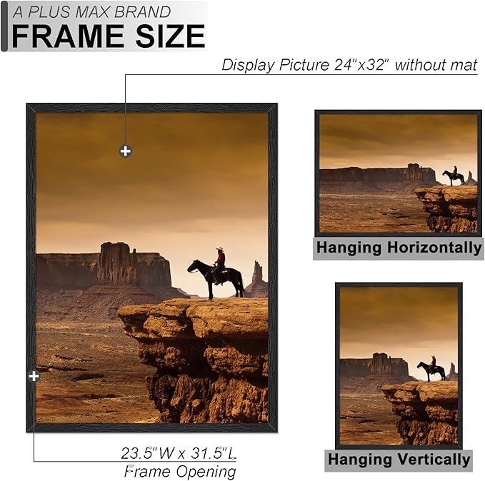 A PLUS MAX 24x32 Picture Frame, Black Engineered Wood Frame for 24 x 32 Inch Picture Poster Photo, Light Weight 24 by 32 Frame with Wood-grain for Wall - 1 Pack/Black/24 x32