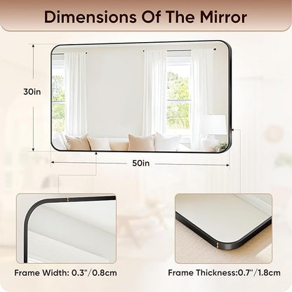 Antok Wall Mirror, 30"x50" Bathroom Vanity Mirror, Anti-Rust HD Tempered Glass, Wall Mounted Mirrors for Living Room, Entryway, Black Frame, Rect