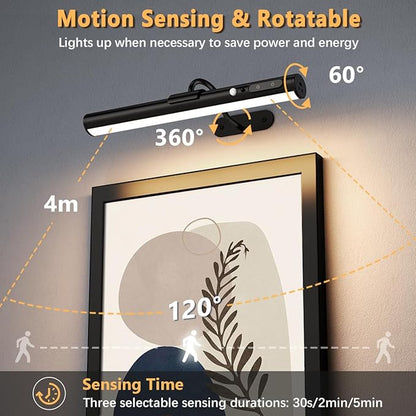 Motion Sensor Battery Operated Picture Light, Wireless Rechargeable Magnetic Art Wall Sconce with Remote Control, LED Picture Frame Lights for Paintings Mirror Portrait Gallery Dart Poster (Black)