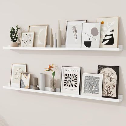 RICHFOCUS Picture Ledge Shelf, 55 inch Floating Shelves Set of 2, Wood Wall Shelves with Lip, Wall Decor Storage for Bedroom Living Room Bathroom Kitchen Nursery Photo Picture, White