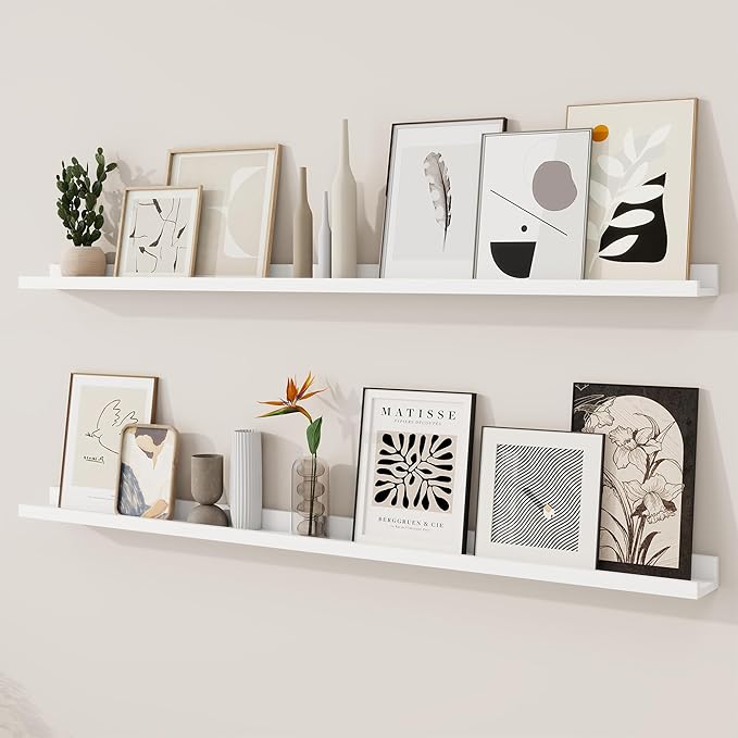 RICHFOCUS Picture Ledge Shelf, 55 inch Floating Shelves Set of 2, Wood Wall Shelves with Lip, Wall Decor Storage for Bedroom Living Room Bathroom Kitchen Nursery Photo Picture, White