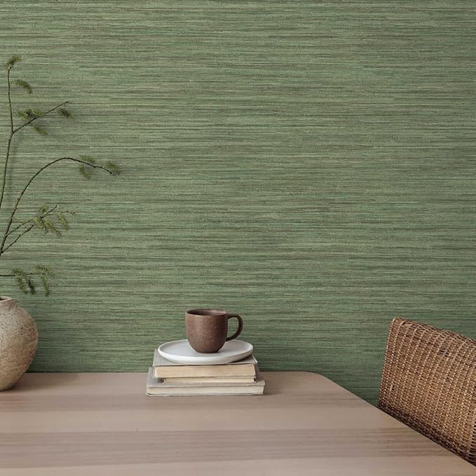 Tempaper Textured Green Horizontal Faux Grasscloth Removable Peel and Stick Wallpaper, 20.5 in X 16.5 ft, Made in The USA