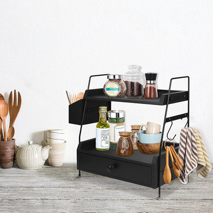 Coffee Bar Accessories and Organizer Countertop, Coffee Station Organizer 2 Tier Counter Shelf with Drawer, Condiment Storage Cup Lid Holder Countertop Shelf for Bathroom,Kitchen