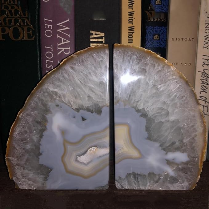 JIC Gem Natural Decorative Agate Book Ends Geode Bookends Stone Bookends for Shelves Book Ends to Hold Books Heavy Duty with Rubber Bumpers for Décor Small Size(1 Pair, 2-3 LBS)