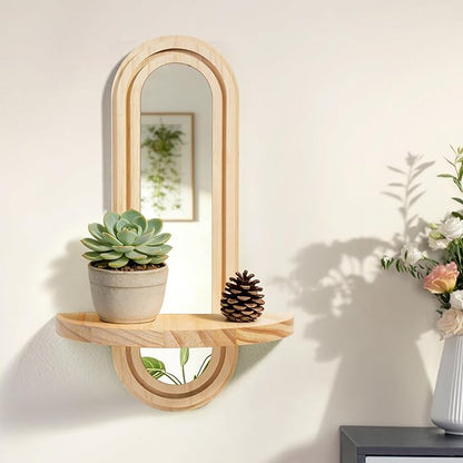 Wooden Wall Floating Shelves, 2PC Boho Arched Wall Shelf,Decorative Mounted Display Shelf with Acrylic Frameless Mirror, Nature Wood Shelves for Home Holding Planter Decoration