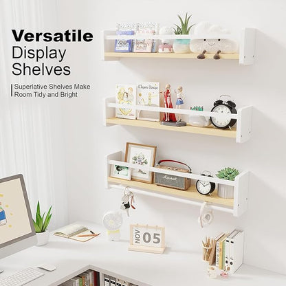 Nursery Floating Bookshelf for Kids, Wall Mounted Kids Book Shelf with Toy Storage, Pine Wood Nursery Shelves for Playroom, Bedroom, Toddler Room, Set of 3 (Pine & White, 15.8 Inches)