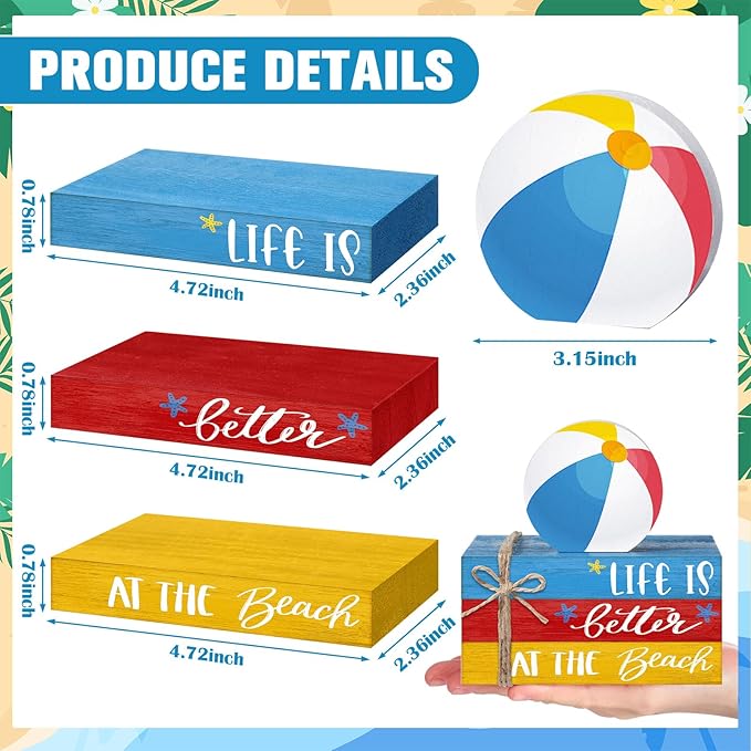 Geelin 4 Pcs Summer Beach Wooden Book Stack Signs, Life is Better at The Beach Tiered Tray Decor, Coastal Nautical Table Shelf Centerpiece for Home Kitchen Living Room House Decorations
