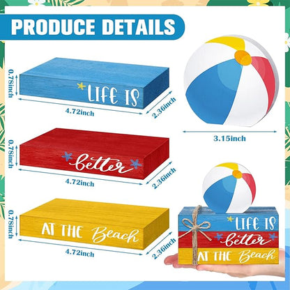 Geelin 4 Pcs Summer Beach Wooden Book Stack Signs, Life is Better at The Beach Tiered Tray Decor, Coastal Nautical Table Shelf Centerpiece for Home Kitchen Living Room House Decorations