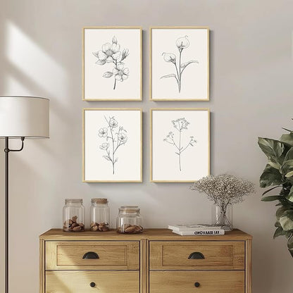 Framed Botanical Wall Art for Bathroom, Set of 4 Neutral Minimalist Beige Floral Painting Prints for Modern Farmhouse Decor, Black and White Flowers Plant Artwork for Rustic Bedroom Living Room, 11x14