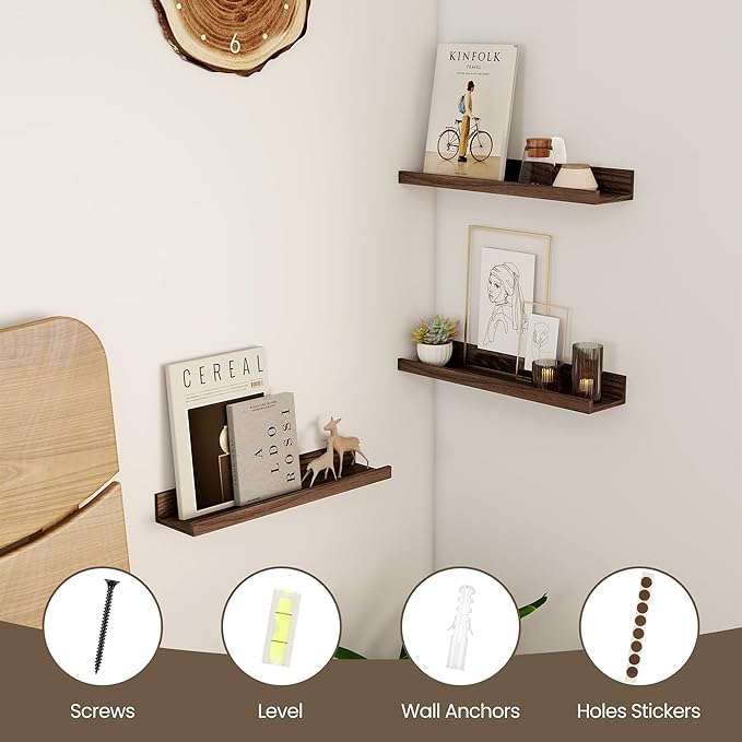 Axeman Floating Shelves | Picture Ledge Shelf Set of 2 | Walnut Wall Shelves with Lip | Walnut Picture Shelf for Wall with Ledge | Photo Ledges 16 Inch