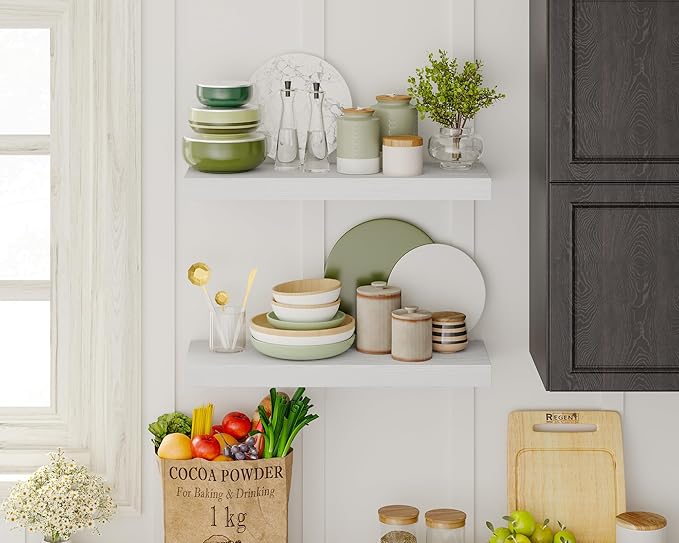 Fixwal 15.8in White Floating Shelves, Set of 6 Wood Shelves, Farmhouse Shelf Wall Decor for Bathroom, Bedroom, Living and Kitchen Room