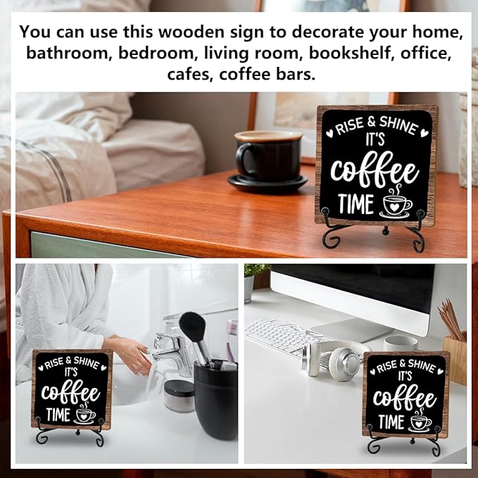 Coffee Bar Decor Sign, Rise & Shine It's Coffee Time Sign With Stand For Farmhouse Home Kitchen Table, Wine Sign For Farmhouse Home Kitchen Office Bar Shelf Table, Gifts For Family Friend Coworker