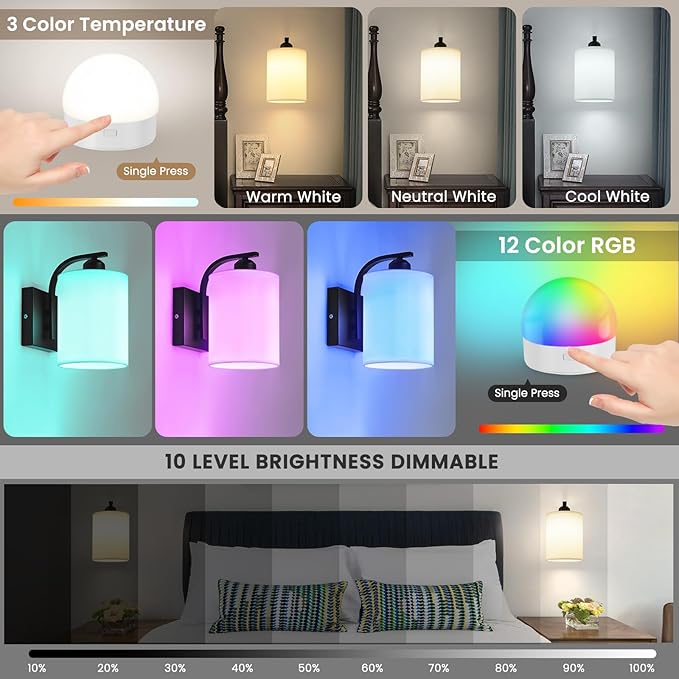 Battery Operated Wall Sconce with Remote Control, Black Rechargeable Wall Lights Set of 2, 15 Colours Wireless Wall Sconce with 3000mAh Dimmable Detachable Bulb for Bedroom, Living Room and Hallway