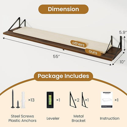 Deep Floating Shelves,55" Wx10 D Wood Wall Shelves Set of 2,Long Wood Floating Shelf with Metal Brackets,Floating Bookshelf for Living Room,Kitchen,Office,Bedroom,Decor Storage,Walnut