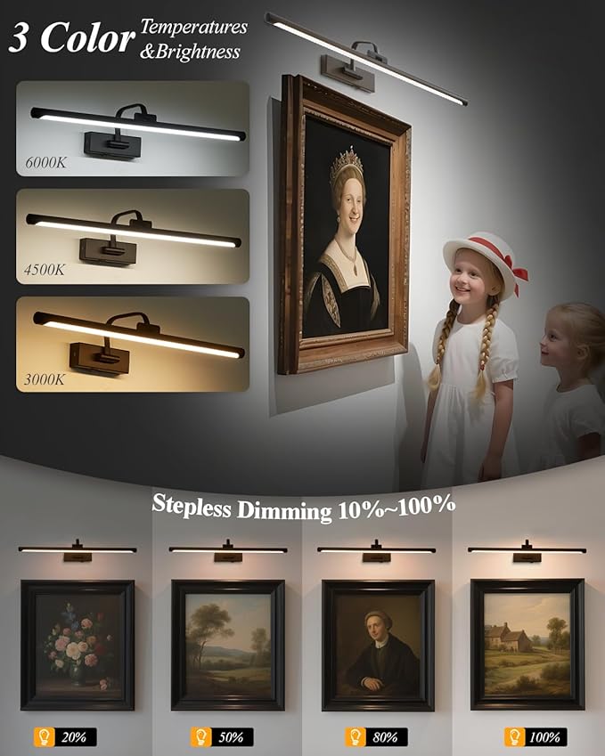Picture Lights for Wall Battery Operated, Rechargeable Light for Pictures with Remote & Timer, Black Art Light for Paintings 24 Inch Wireless Dimmable Cordless Gallery Lights with 3 Color Temperatures