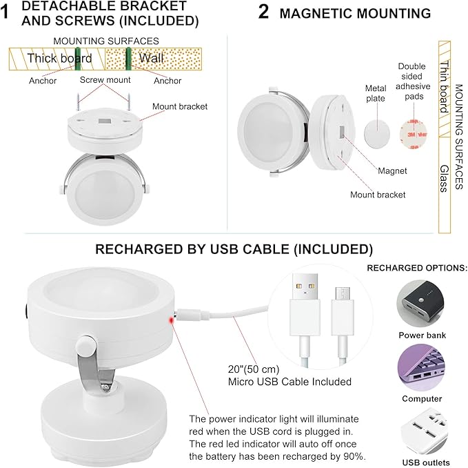 Picture Light Rechargeable, LED Accent Lights Indoor, Cordless Puck Light with Remote, 12 Color Changing 9 LED Spotlights with 360°Rotate Light Head, Stick on Art Lights for Dartboard, Painting
