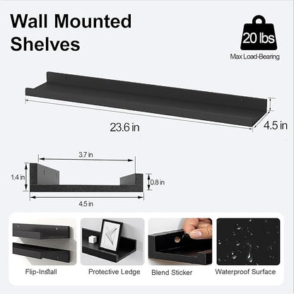 Long Floating Shelves for Wall Decor, Long Wall Mounted Storage Shelf for Bedroom, Living Room, Bathroom, Kitchen, Nursery, Display Picture Ledge Shelf with Lip Set of 2-24 Inches, Black