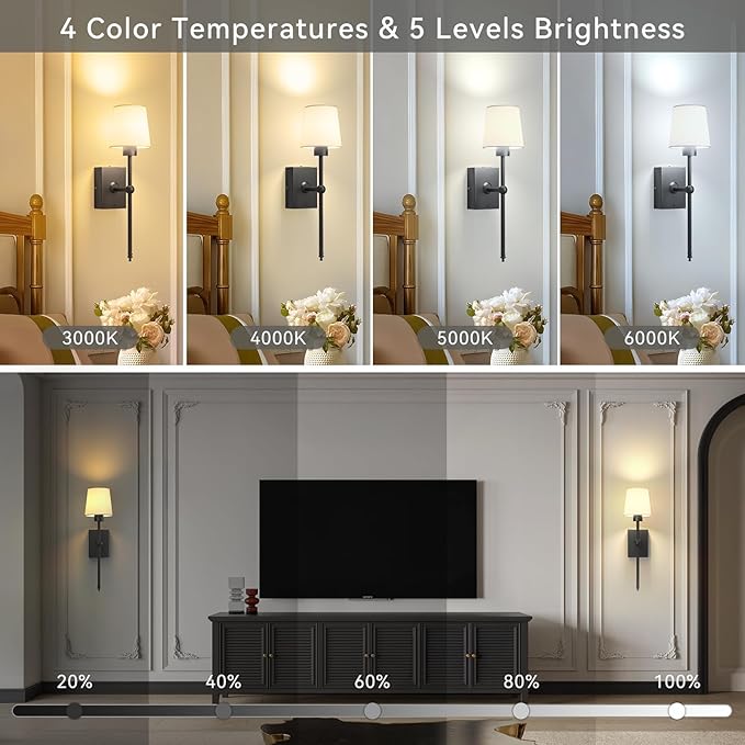 iThird Rechargeable Battery-Operated Wall Sconces Set of 2: Black Wireless Wall Lights with Touch and Remote, 6000mAh Battery Powered Scone Lighting Cordless Wall Lamp for Bedroom Living Room Hallway