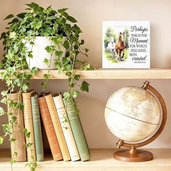 Perhaps This Is The Moment for Which You Have Been Created Wood Block Plaque Box Sign for Home Living Room Coffee House Bar Shelf Table Decoration, Esther 4:14 Wild Horses Farmhouse Sign