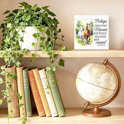 Perhaps This Is The Moment for Which You Have Been Created Wood Block Plaque Box Sign for Home Living Room Coffee House Bar Shelf Table Decoration, Esther 4:14 Wild Horses Farmhouse Sign