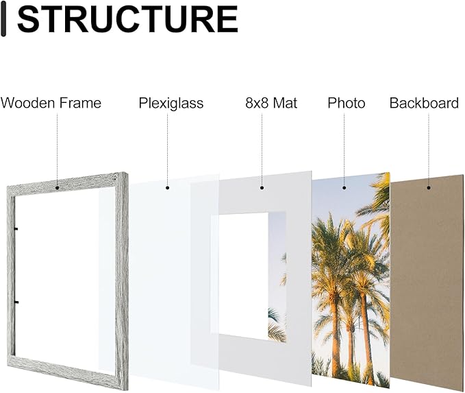 Vittanly 12x12 Picture Frames Set of 9, Shatter Resistant Plexiglass, Display 8x8 Pictures with Mat or 12x12 without Mat, Photo Frames for Wall Mount, Engineered Wood, Grey