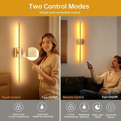 Battery Operated Wall Sconce Set of 2, 10000mAh Rechargeable Wall Sconces with Detachable Battery, Indoor 350°Rotate Wall Lights for Bedroom Living Room, Gold, 31.5 Inch