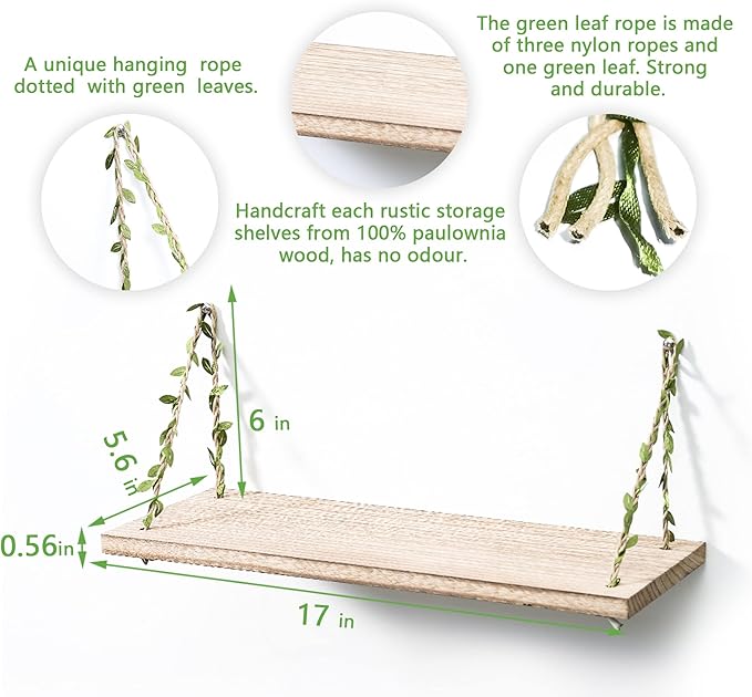 MITIME Leaf Rope Hanging Floating Shelves, Wall Swing Storage Shelf for Home Decor.17, 3-Pack (Light Color)