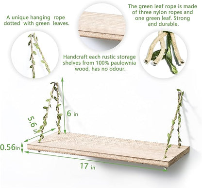 MITIME Leaf Rope Hanging Floating Shelves, Wall Swing Storage Shelf for Home Decor.17, 2-Pack (Light Color)